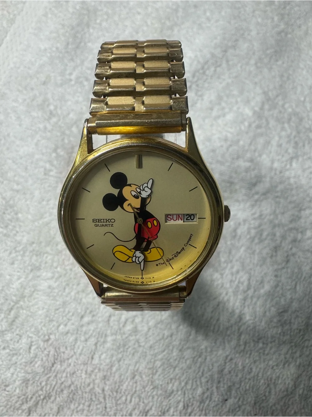 Seiko Gold Tone Mickey Mouse Dial Watch with Red and Yellow Accents